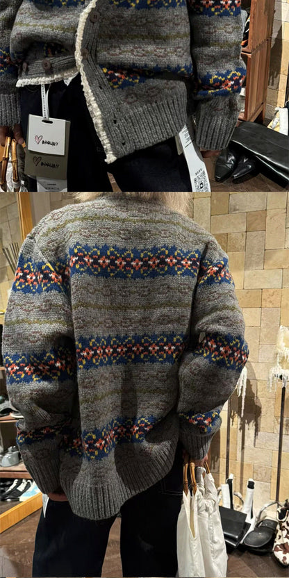 South Korea Nine-Bananas Fair Isle Lace-Trim Sweater Coat – Vintage Wool Blend, Cozy Retro Statement