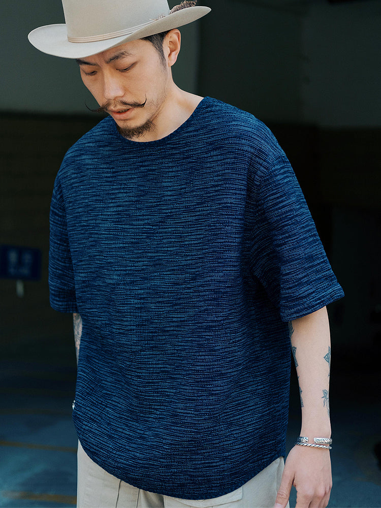 Original Japanese Retro Blue Dyed Sashiko & Kasuri Loose Fit Crew Neck Short Sleeve T-Shirt