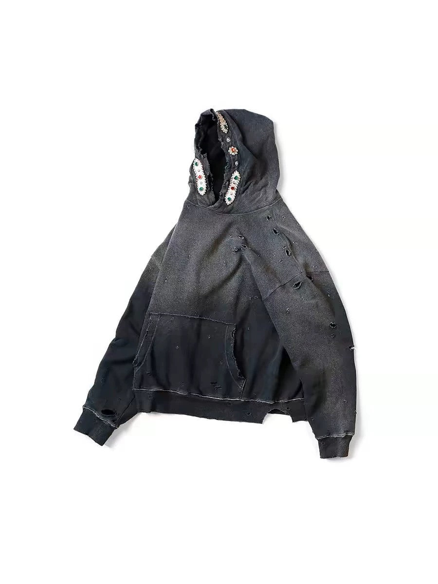 Bieber Same Style 25AW KAPITAL Kazuhiro Hirata Japanese Wax Dye Washed Destroyed Gemstone Hoodie