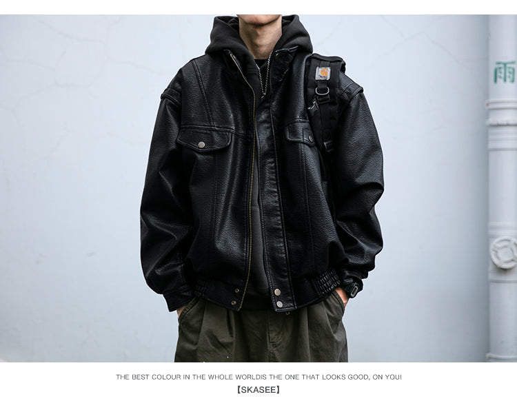 American Retro Lychee Grain Leather Jacket for Men, Spring and Autumn New Style, Cool Motorcycle Jacket, Short Workwear Stand Collar Jacket, Trendy