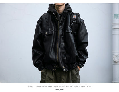 Men's American Retro Leather Jacket - Lychee Grain Stand Collar Motorcycle Coat