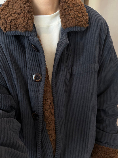Dannyandzee Navy Blue Corduroy Plush Jacket - Coffee Cloud Warm Coat (Unisex)