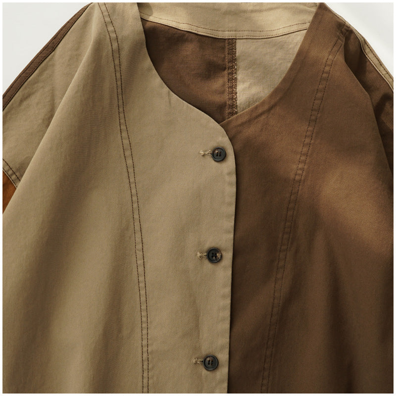 Color-Block Mid-Length Trench Coat – Japanese Retro V-Neck Single-Breasted Jacket