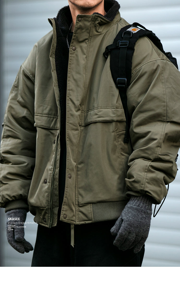 Japanese Style Trendy Brand Lamb Wool Stand Collar Cotton Jacket Men Winter Trendy Brand Couple Loose Thickened Warm Workwear Cotton Coat Jacket