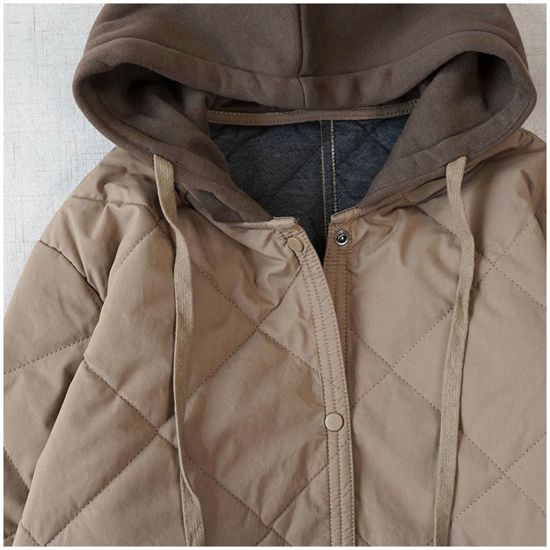Warm Mid-Length Hooded Quilted Cotton Jacket – Loose, Retro Japanese Outerwear for Women
