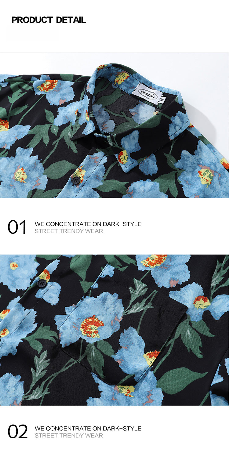 Resort Style Blue Floral Full Print Long Sleeve Shirt for Men 2025 Autumn New Hawaiian Floral Shirt