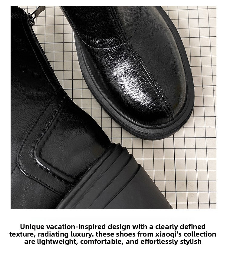 Women's Retro Genuine Leather Martin Boots - Brown Cowhide Thick-Soled Back-Zip Chunky Heel Boots