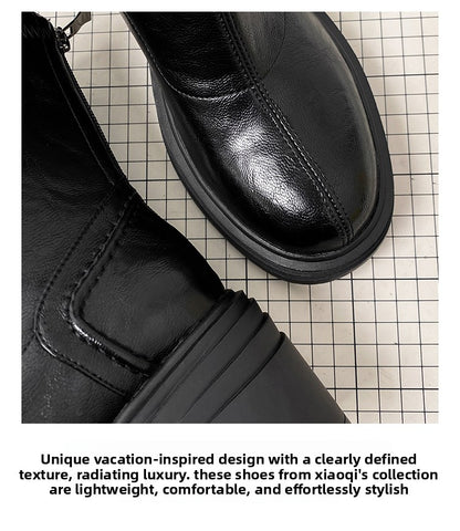 Women's Retro Genuine Leather Martin Boots - Brown Cowhide Thick-Soled Back-Zip Chunky Heel Boots