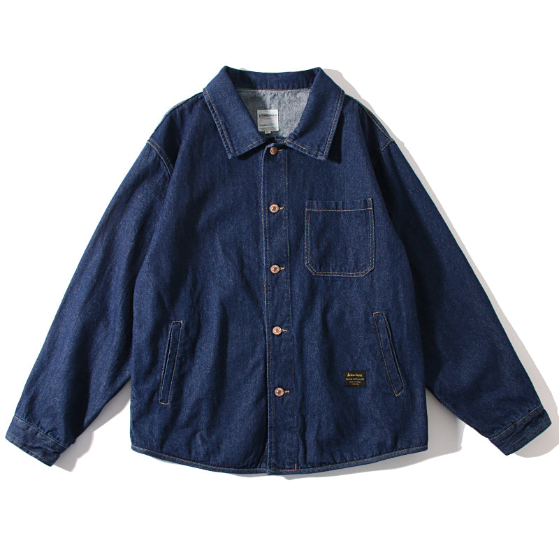 Japanese Retro Workwear Denim Shirt – Loose Turn-Down Collar for Spring/Autumn