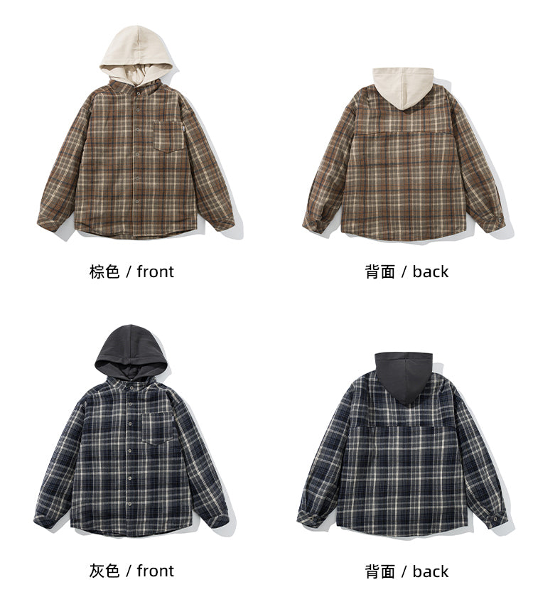 Men's Japanese Style Fake Two-Piece Hooded Plaid Cotton Jacket