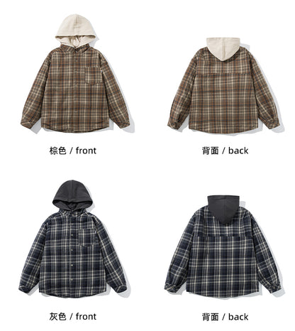 Men's Japanese Style Fake Two-Piece Hooded Plaid Cotton Jacket