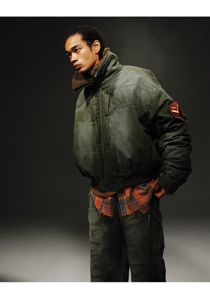 24aw Washed Green Vintage Jacket Cotton-Padded Coat Distressed Epaulet Fur Collar Thickened Coat