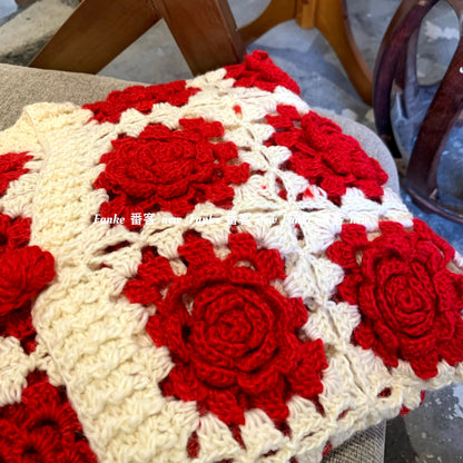 Women's European French Retro Color Block Cardigan - Handmade 3D Rose Crochet Hollow Knit Sweater