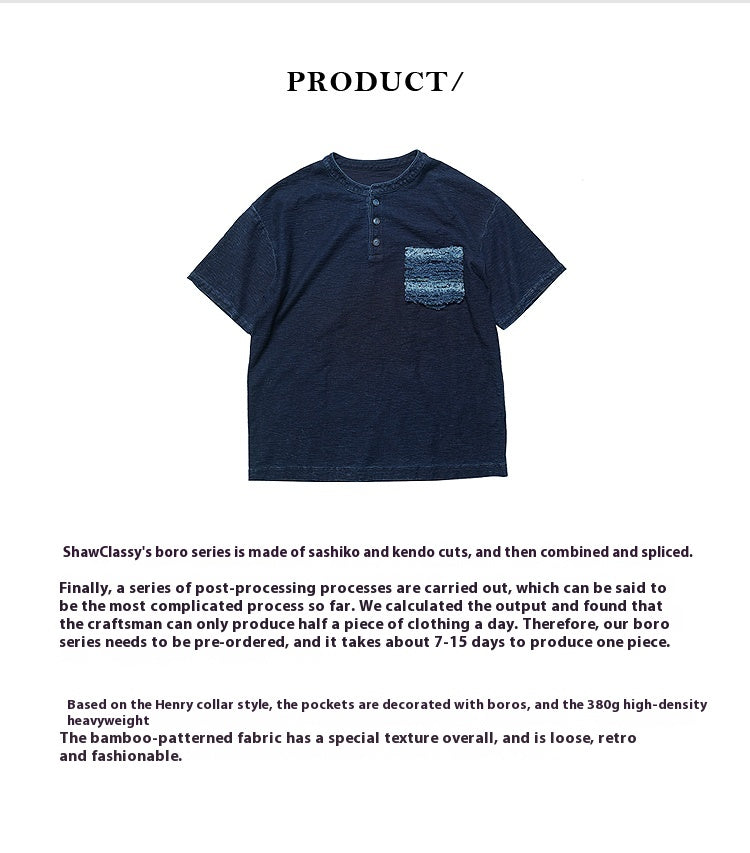 Original retro heavy-weight high-density bamboo-pattern boro ragged Kendo thorn blue-dyed Henry collar short-sleeved T-shirt
