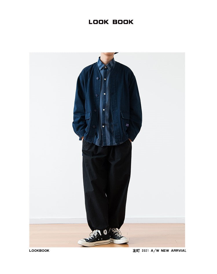 Vintage Washed Denim Collarless Shirt – Japanese Style Long Sleeve (Unisex)