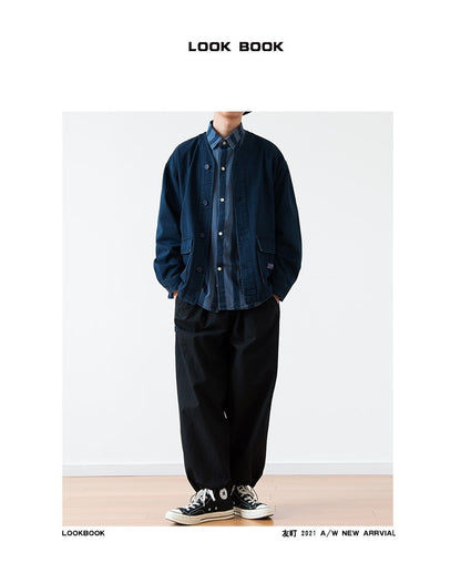 Vintage Washed Denim Collarless Shirt – Japanese Style Long Sleeve (Unisex)
