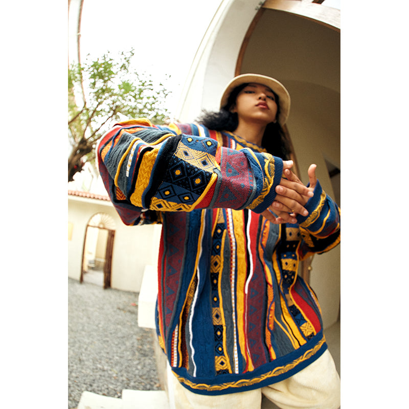 Medria American Style Retro Sweater - Guochao Hidden Color Bitter Melon Stripe Pullover