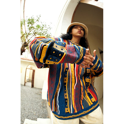 Medria American Style Retro Sweater - Guochao Hidden Color Bitter Melon Stripe Pullover