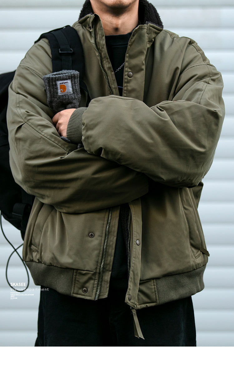 Japanese Style Trendy Brand Lamb Wool Stand Collar Cotton Jacket Men Winter Trendy Brand Couple Loose Thickened Warm Workwear Cotton Coat Jacket