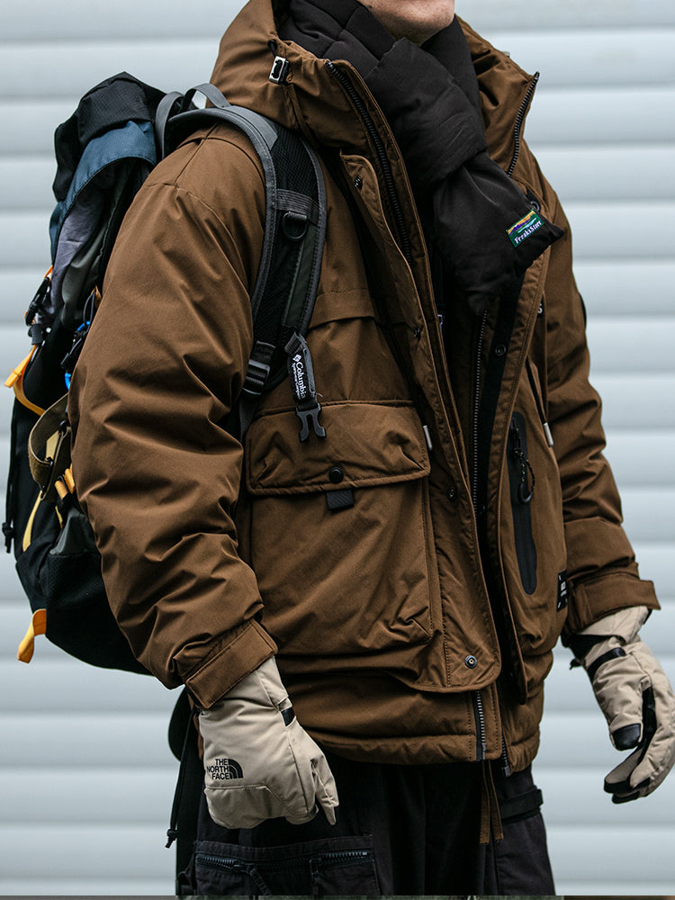 Winter Workwear Hooded Down Jacket Men's Trendy Loose Outdoor Multi-Pocket Functional 90% White Duck Down Warm Coat Trendy