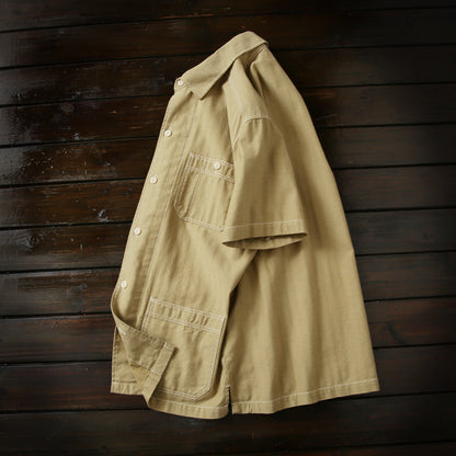 100% Cotton Herringbone Summer Men's Loose Casual Short Sleeve Work Shirt Top