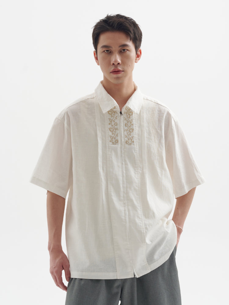 25SS Ramie Blend Passionflower Embroidery Washed Vintage Japanese Style Retro Short Sleeve Shirt