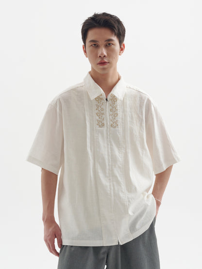 25SS Ramie Blend Passionflower Embroidery Washed Vintage Japanese Style Retro Short Sleeve Shirt