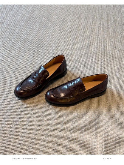 Women's Retro Genuine Leather Loafers - Sheepskin Slip-On Chunky Heel British Style Lazy Shoes