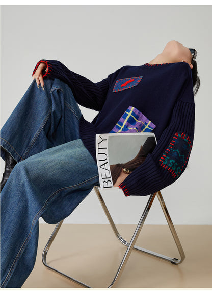Color-Block Hand-Embroidered Patchwork Sweater – Japanese Niche Knit Top