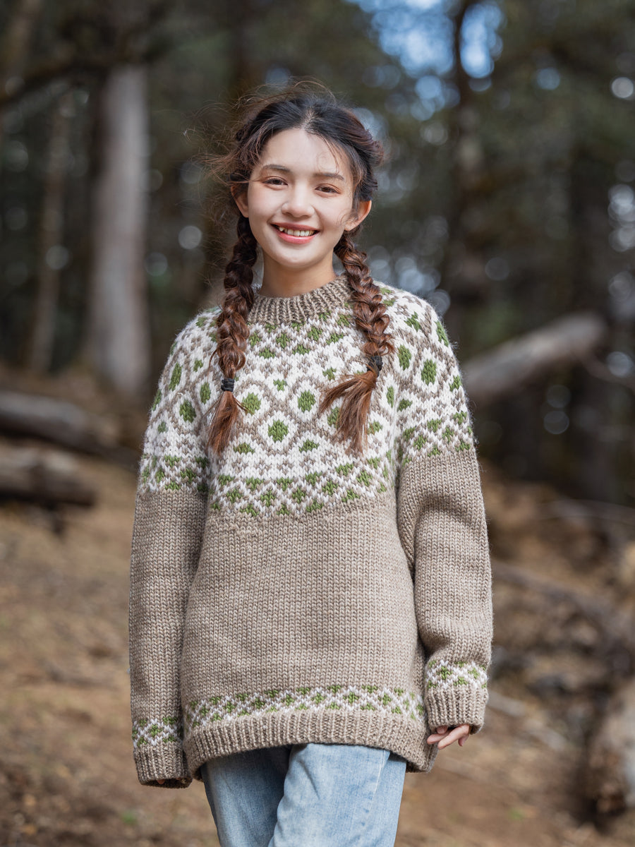 Handmade Iceland Sweater for Women Pullover Light Brown Thick Loose Nordic Retro Wide Knit College Style Travel Photography Niche