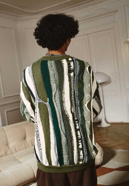 Medria Unisex Retro Bitter Melon Stripe Sweater - Loose Lazy Casual Knitwear