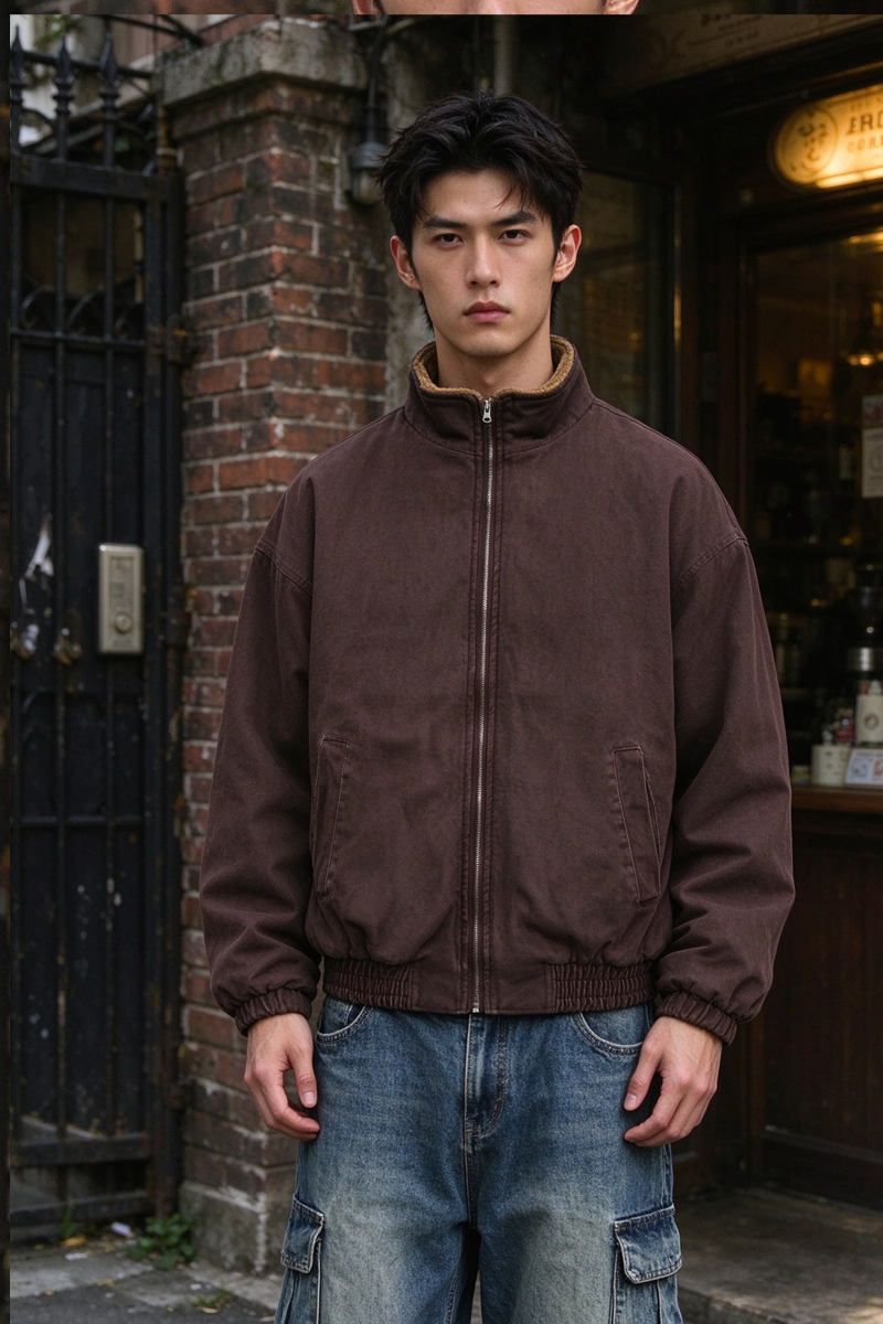 Sherpa-Lined Jacket – Stand Collar & Relaxed Fit | Yamalinclothes