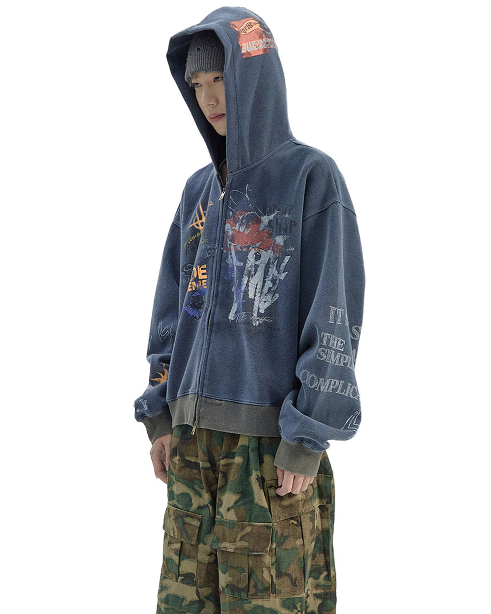 Vintage Distressed Letter Print Zip-Up Hoodie – Oversized Hip-Hop Sweatshirt
