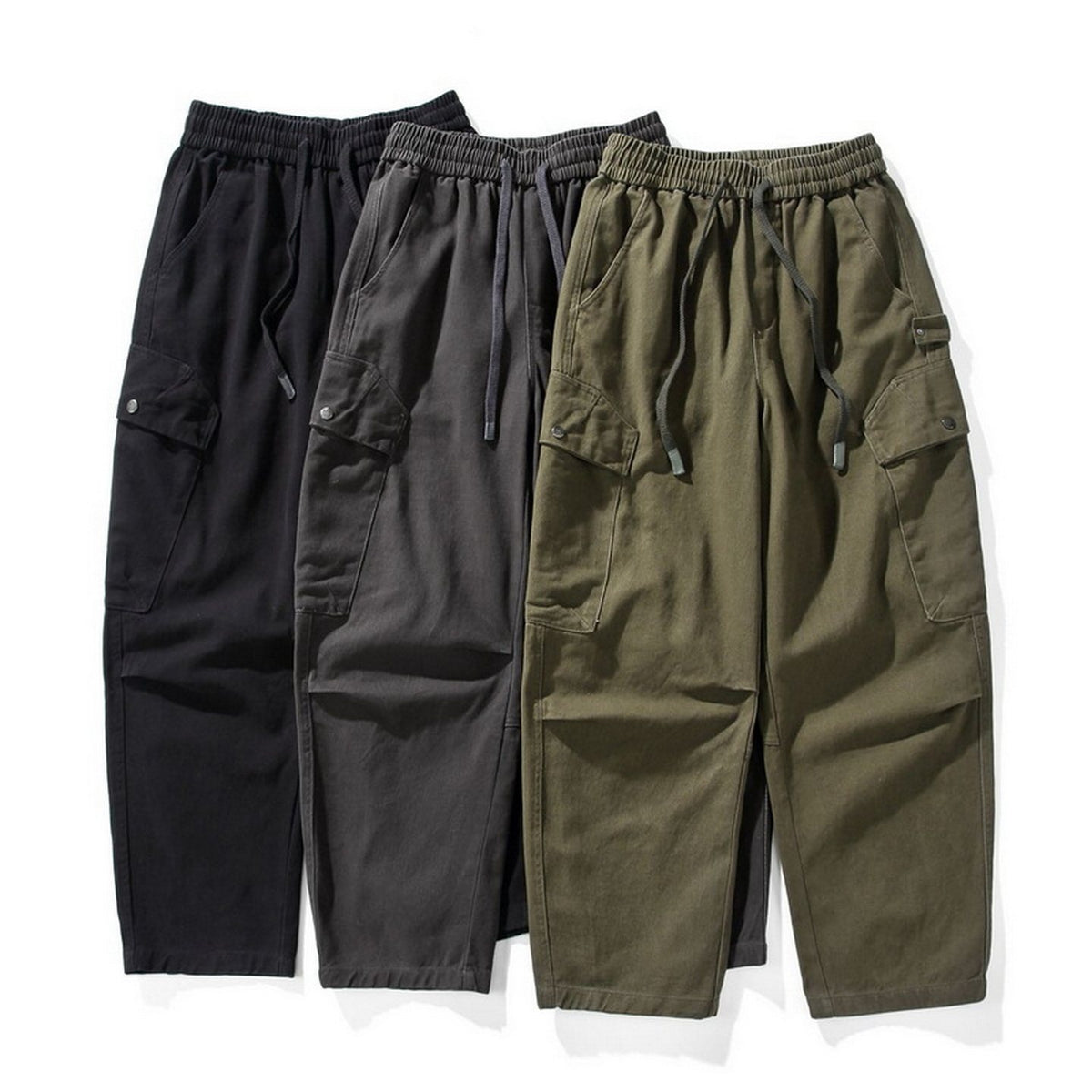 Cotton Cargo Pants – Washed Twill & Drawstring Waist