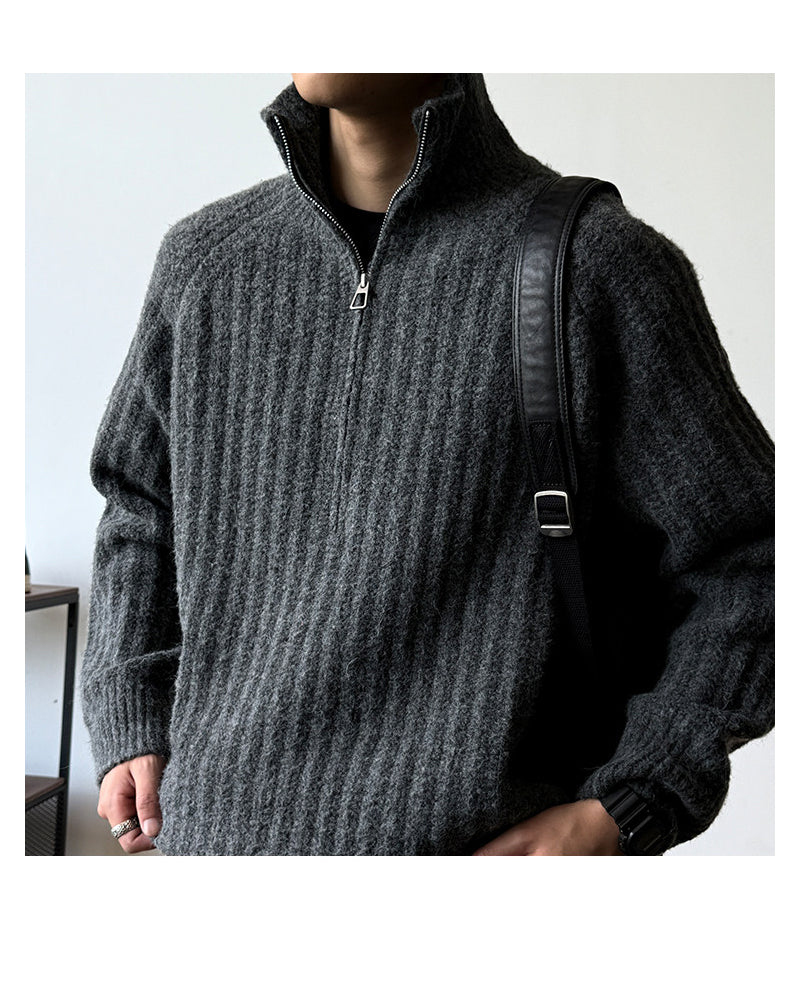 Half-Zip Stand Collar Knit Pullover – Loose Lazy Men – Japanese vintage | yamalin clothes | Yamalinclothes