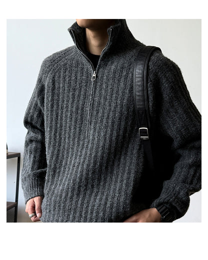 Half-Zip Stand Collar Knit Pullover – Loose Lazy Men – Japanese vintage | yamalin clothes | Yamalinclothes
