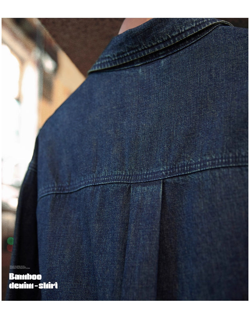 American Workwear Long Sleeve Denim Shirt Jacket - Loose Casual Vintage Denim Overshirt for Men