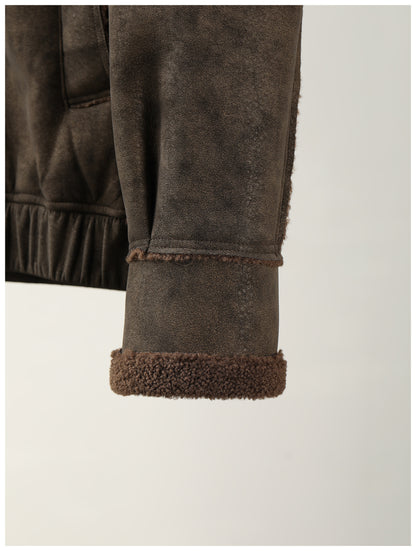 Faux Leather Jacket – Aged Finish & Fleece Collar