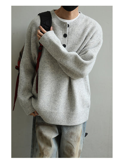 Retro Henley Knit Sweater – Lazy Style Crew Neck Men – Japanese vintage | yamalin clothes | Yamalinclothes