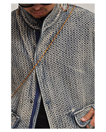 Textured Denim Jacket – Stand Collar & Bound Pockets