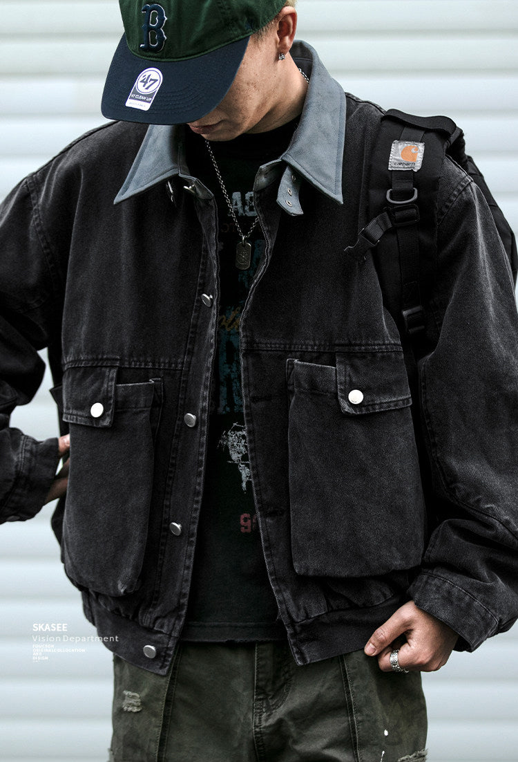 Washed Patchwork Lapel Cargo Jacket – American Retro Oversized Unisex