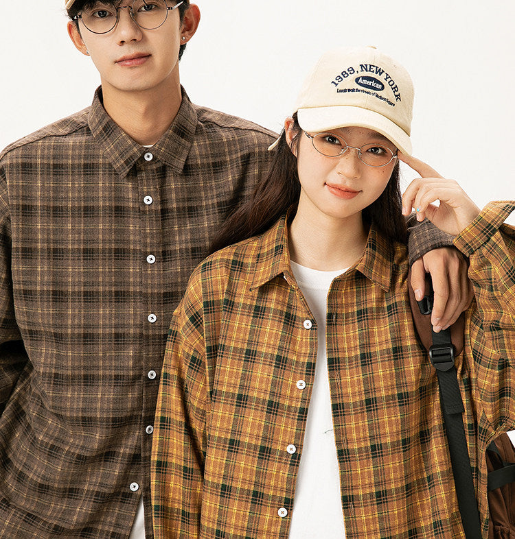 Japanese Vintage Contrast Plaid Long Sleeve Shirt – Loose Unisex Casual