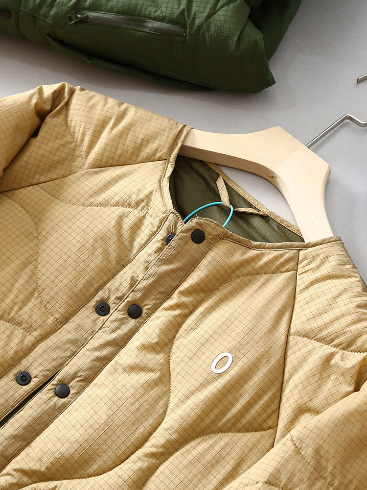 Collarless Down Jacket – Wave Quilting & Snap Front