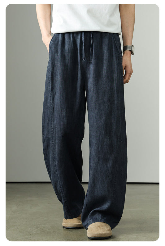 Vintage Lyocell linen slacks men's summer new Tencel breathable loose wide-leg straight men's scimitar pants