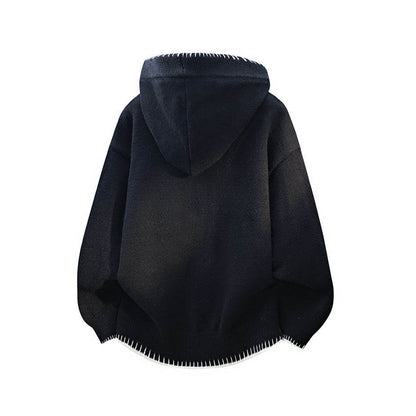 Color-Block Hooded Knit Jacket – Loose Button-Up Men – Japanese vintage | yamalin clothes | Yamalinclothes