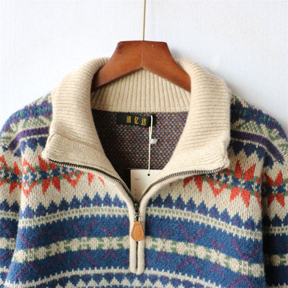 100% Wool Half-Zip Jacquard Stripe Sweater – Men's Ethnic Knit Pullover Khaki