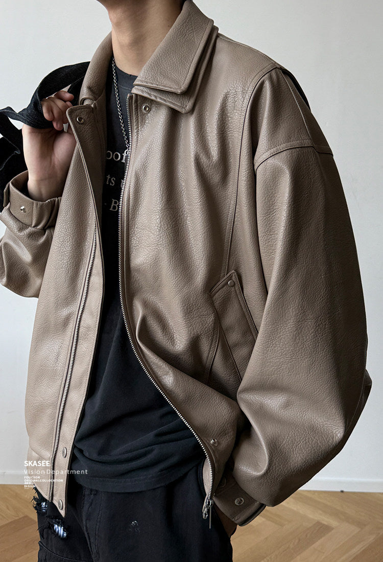 Soft PU Double-Layer Lapel Leather Jacket – American Retro Oversized Unisex – Japanese vintage | fall outfits 2026 | fall winter outfits | classy winter outfits | lazy comfy outfits | japanese streetwear | vintage workwear | yamalin clothes | Yamalinclothes