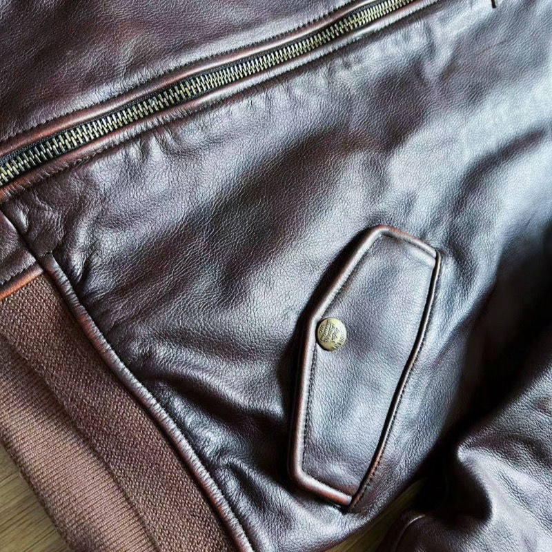 Vintage Cowhide MA-1 Flight Jacket – Hand-Polished Dark Brown Leather