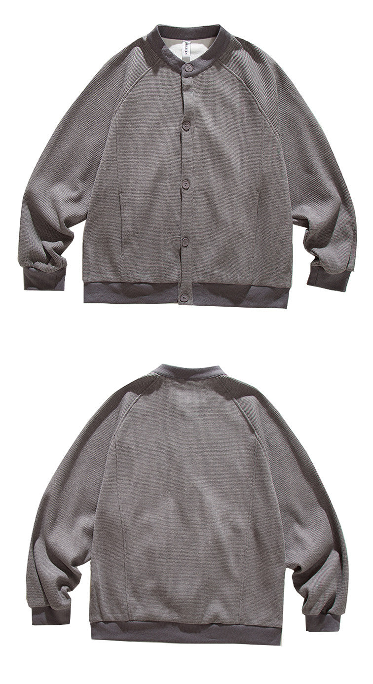 Heavyweight Japanese Waffle Henley Cardigan – Loose Raglan Sleeve Unisex Sweatshirt