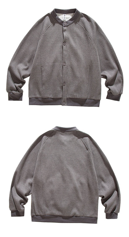 Heavyweight Japanese Waffle Henley Cardigan – Loose Raglan Sleeve Unisex Sweatshirt